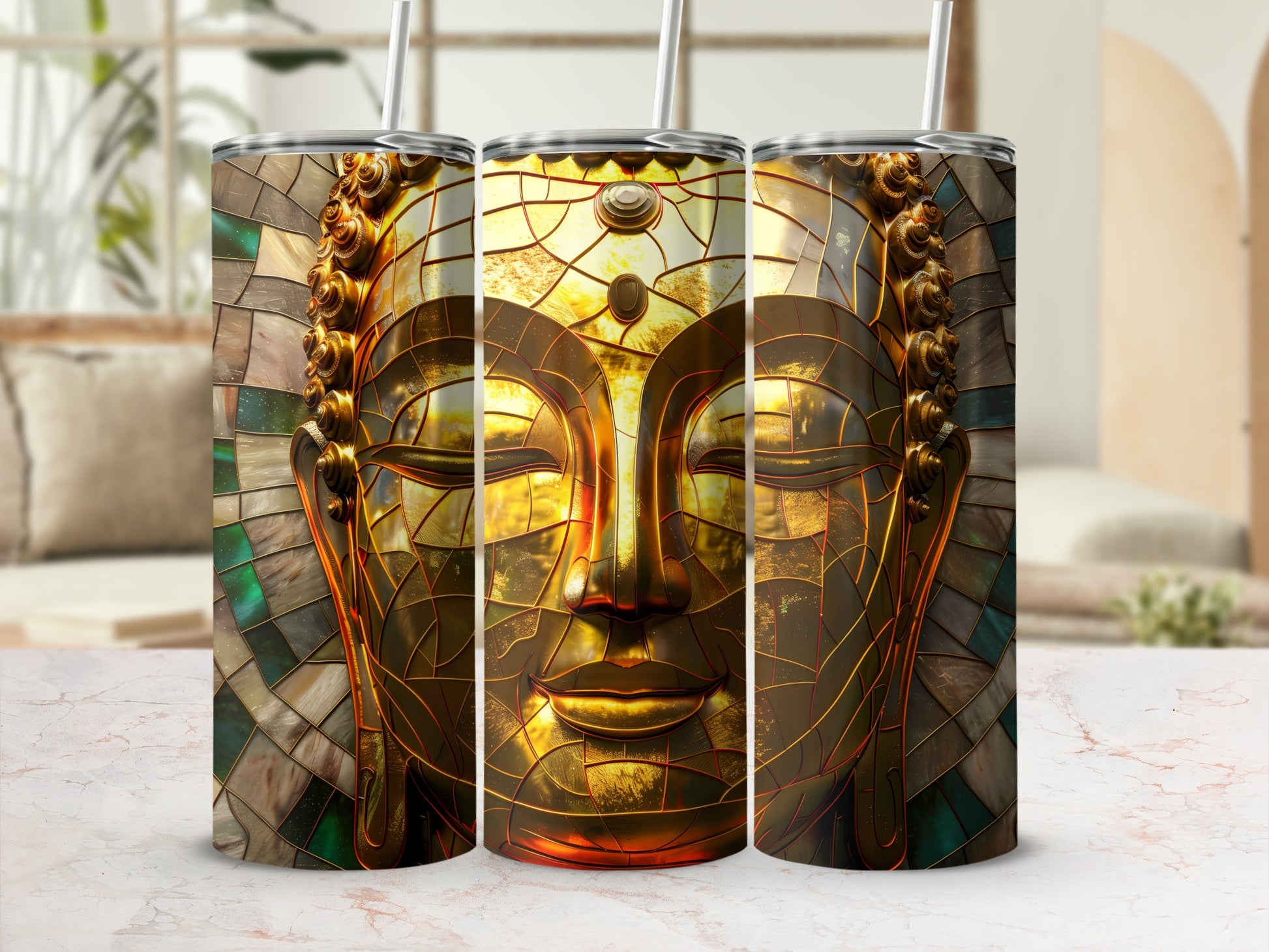 Triptych of a golden Buddha face with mosaic-like patterns.