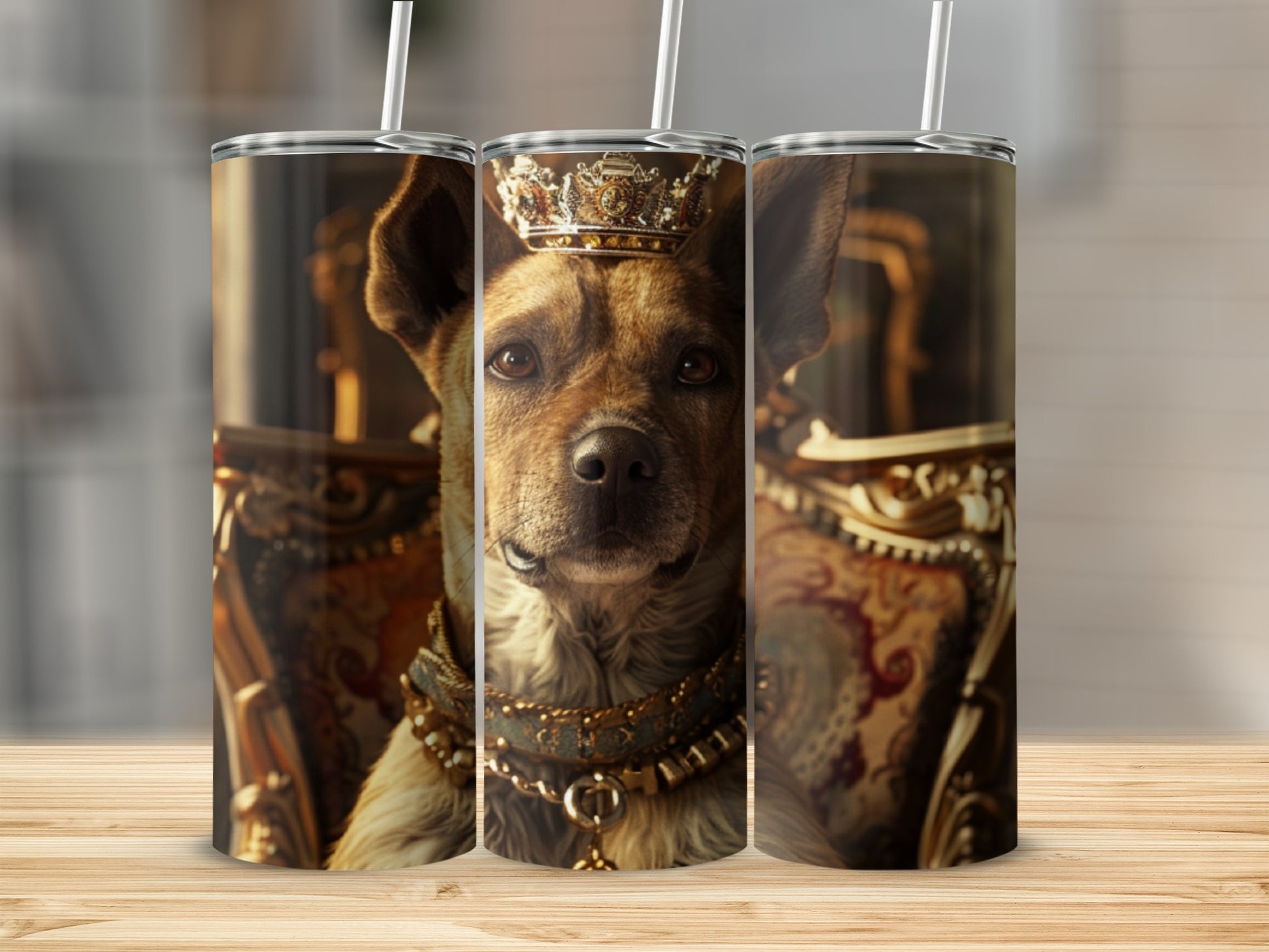 Dog wearing a crown and ornate collar sits regally in a chair.