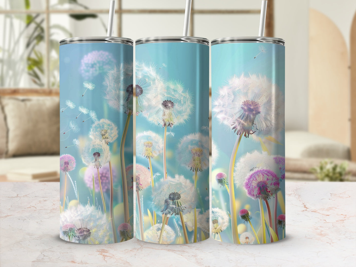 Tumblers with dandelions and seeds blowing in the wind.