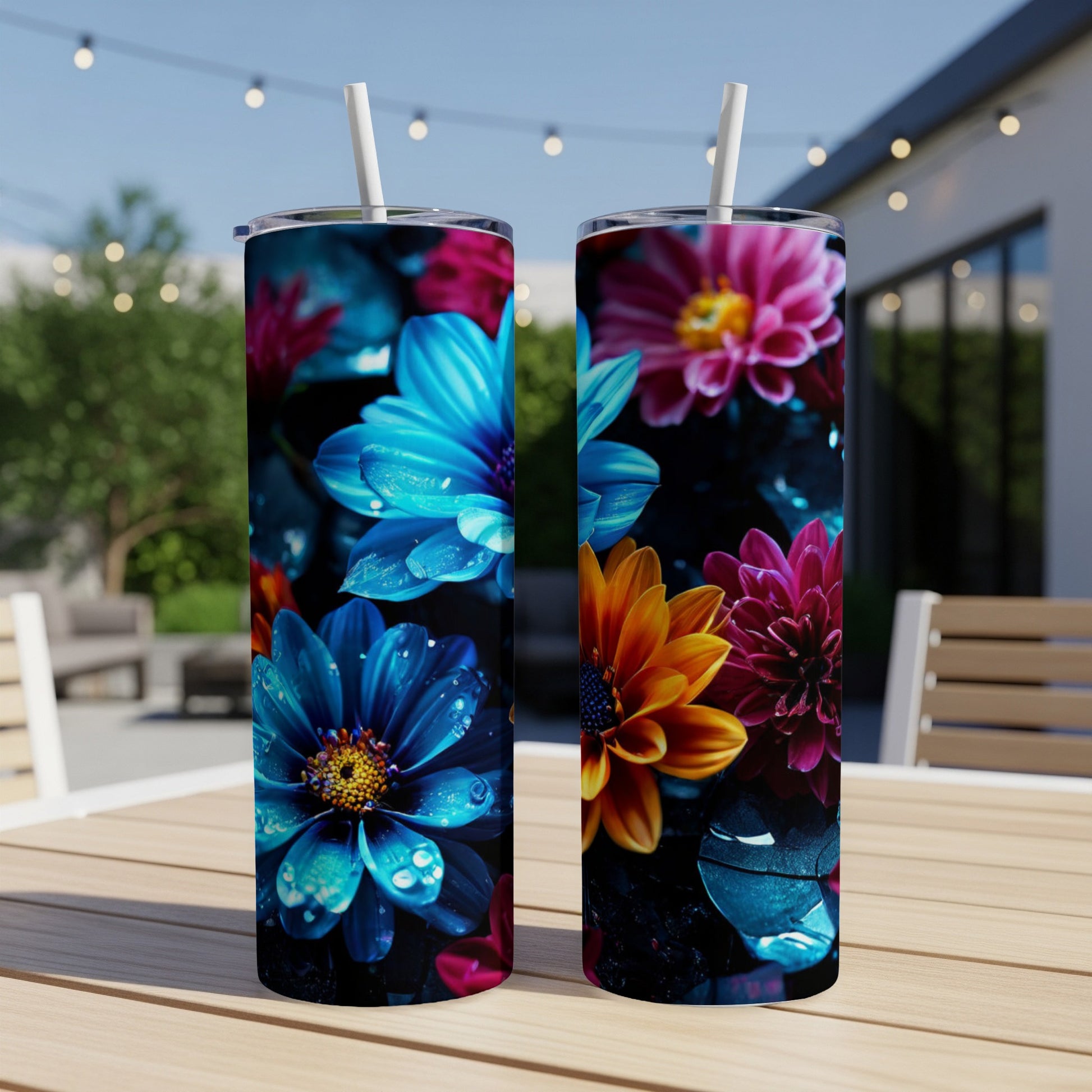 Two tumblers with colorful floral designs sitting on a wooden table.