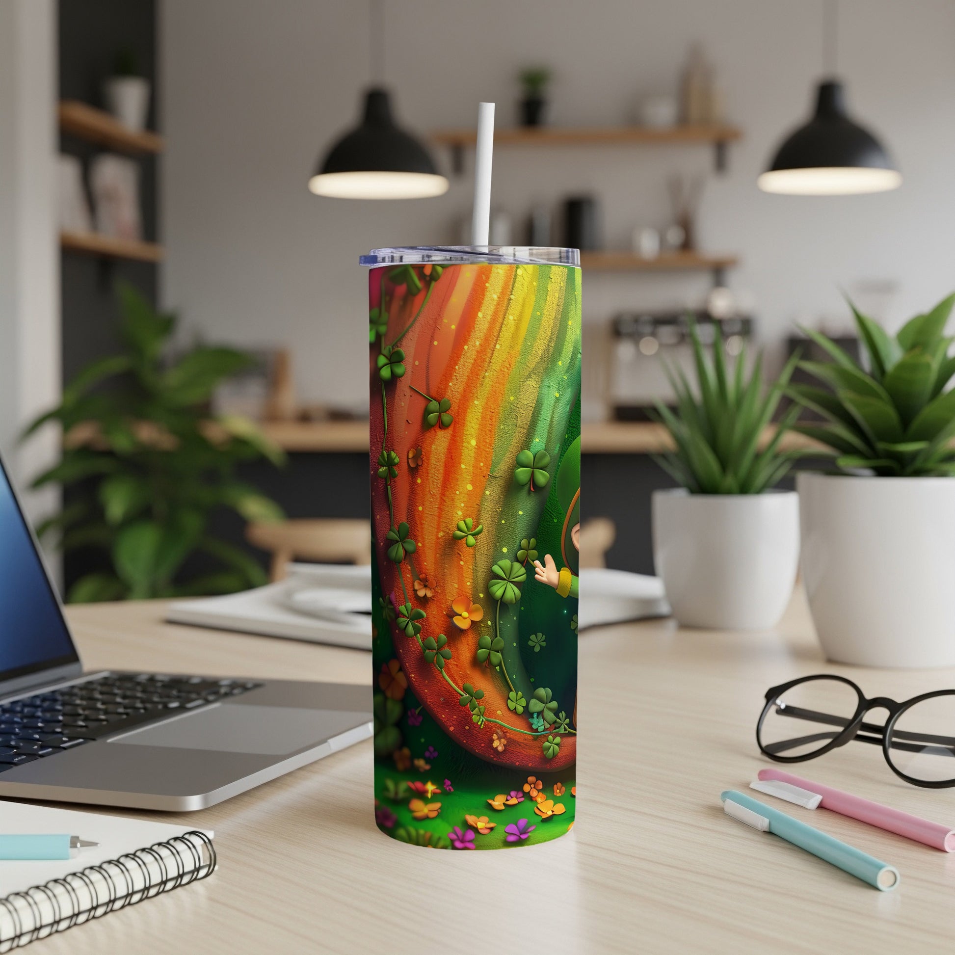Rainbow-colored tumbler with shamrocks and a straw on a desk.