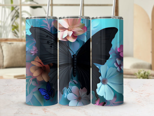 Black butterfly and flowers design on a tumbler with straw.