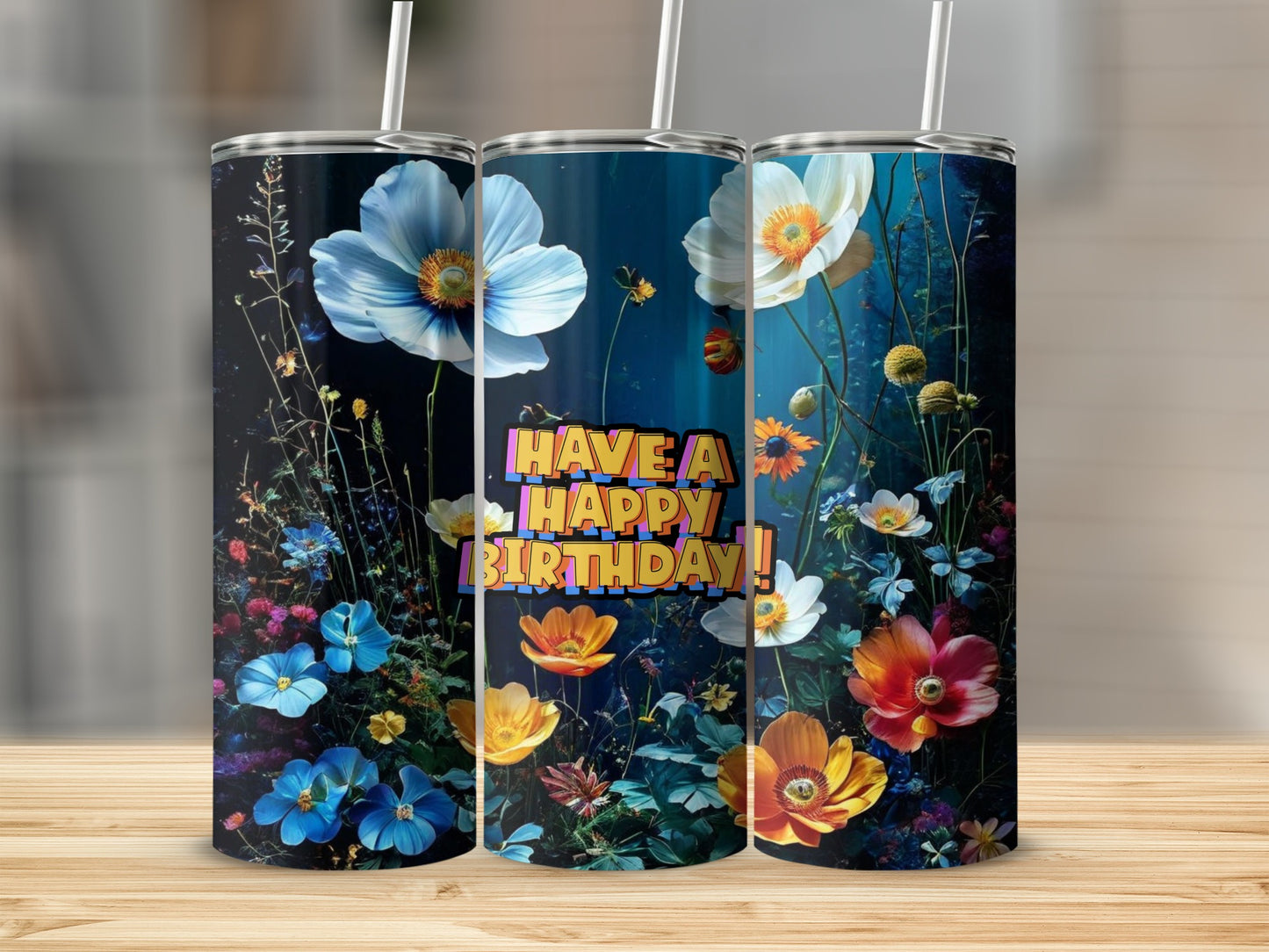 Three tumblers with floral designs and "Have a Happy Birthday!" text.