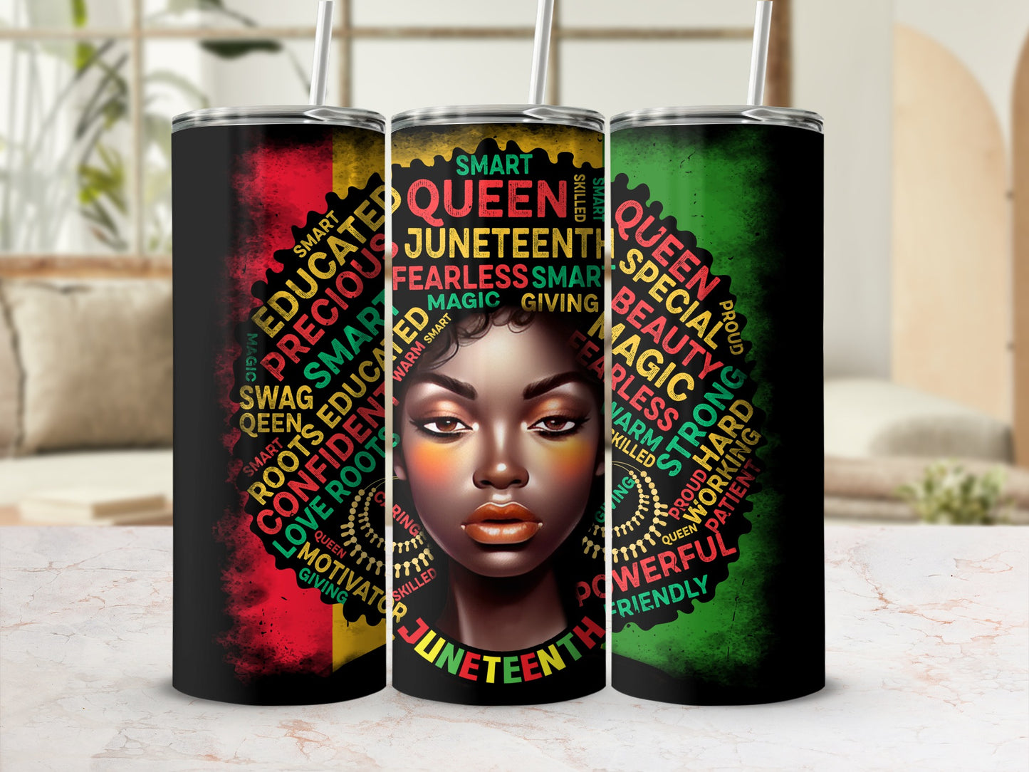 Juneteenth tumbler with Black woman's portrait surrounded by empowering words.