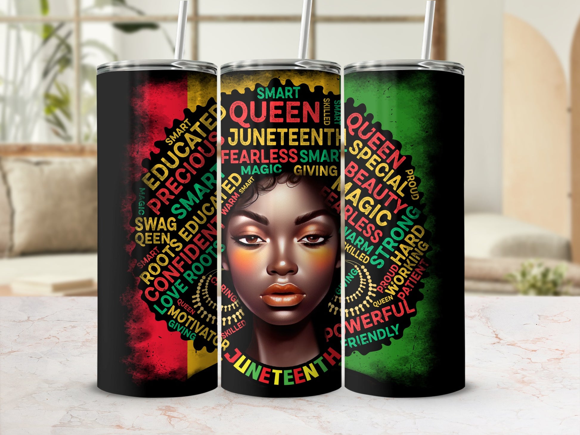 Juneteenth tumbler with Black woman's portrait surrounded by empowering words.