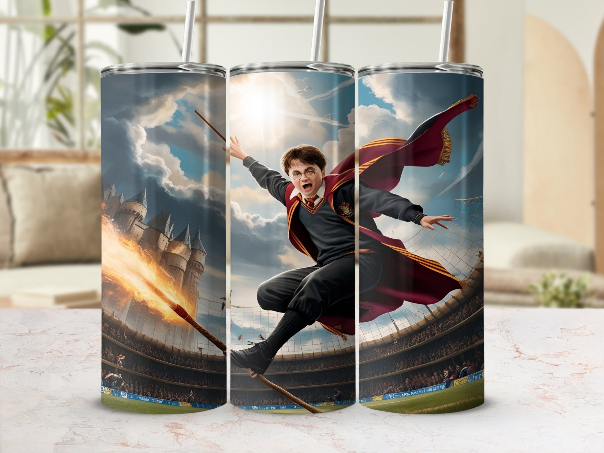 Harry Potter on a broomstick flying in a stadium, casting a spell.