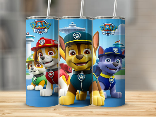 Paw Patrol characters Chase, Marshall, and Rubble on blue tumblers.