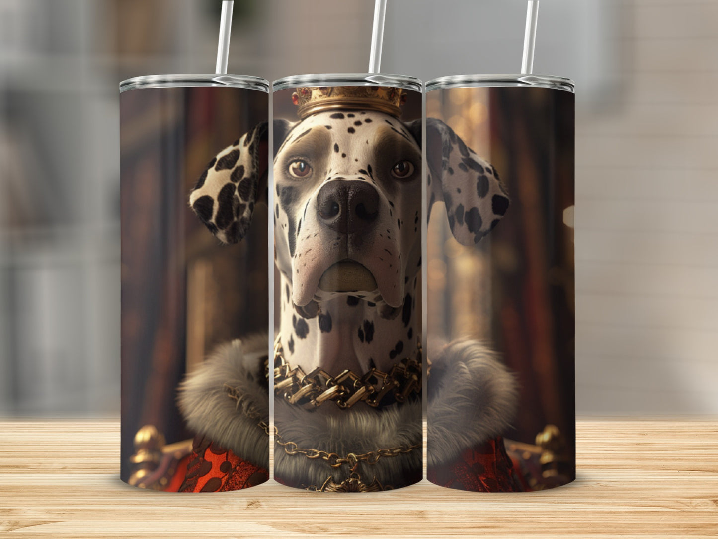 Dalmatian wearing a crown and fur collar sits regally on a throne.