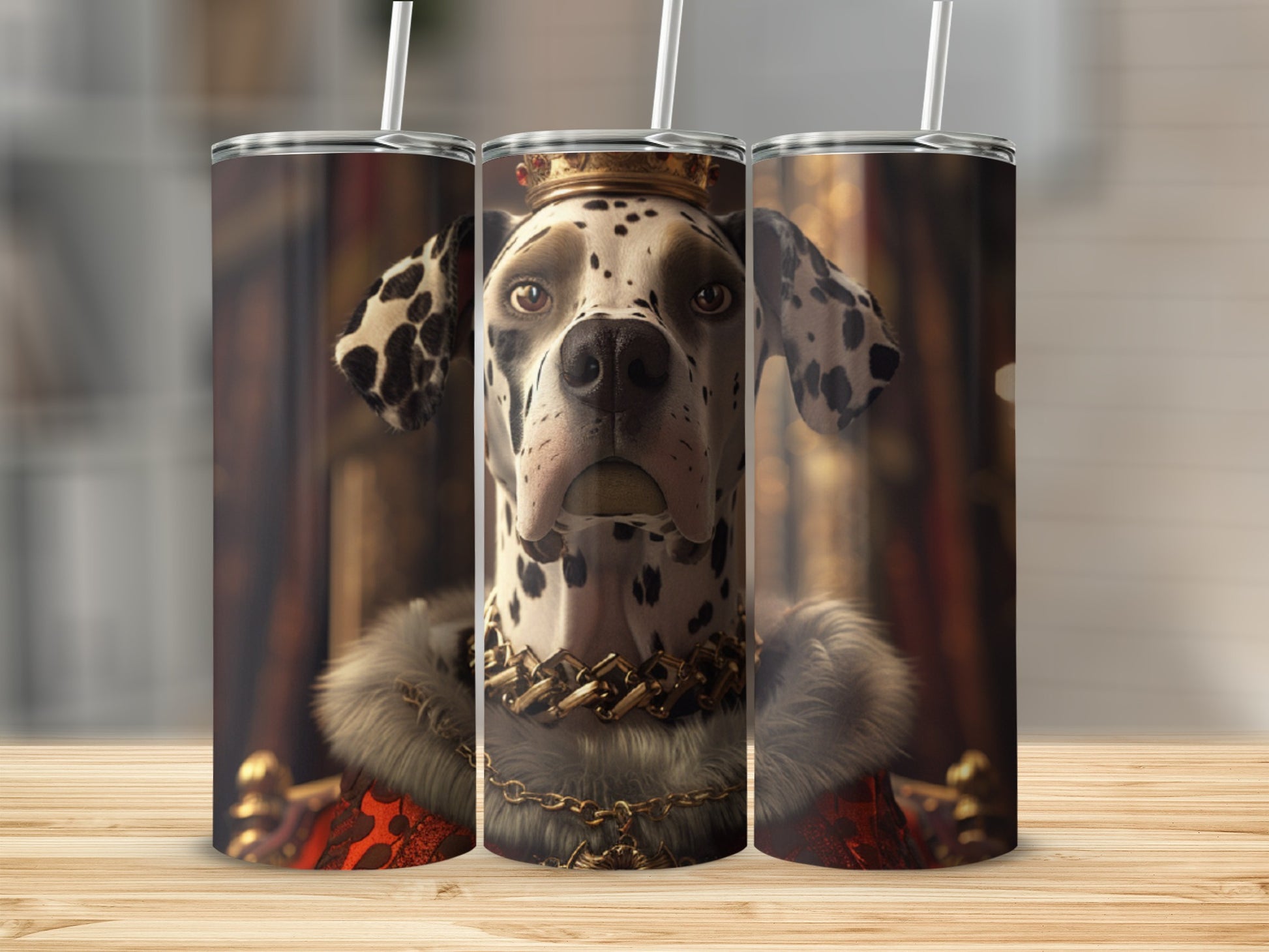 Dalmatian wearing a crown and fur collar sits regally on a throne.