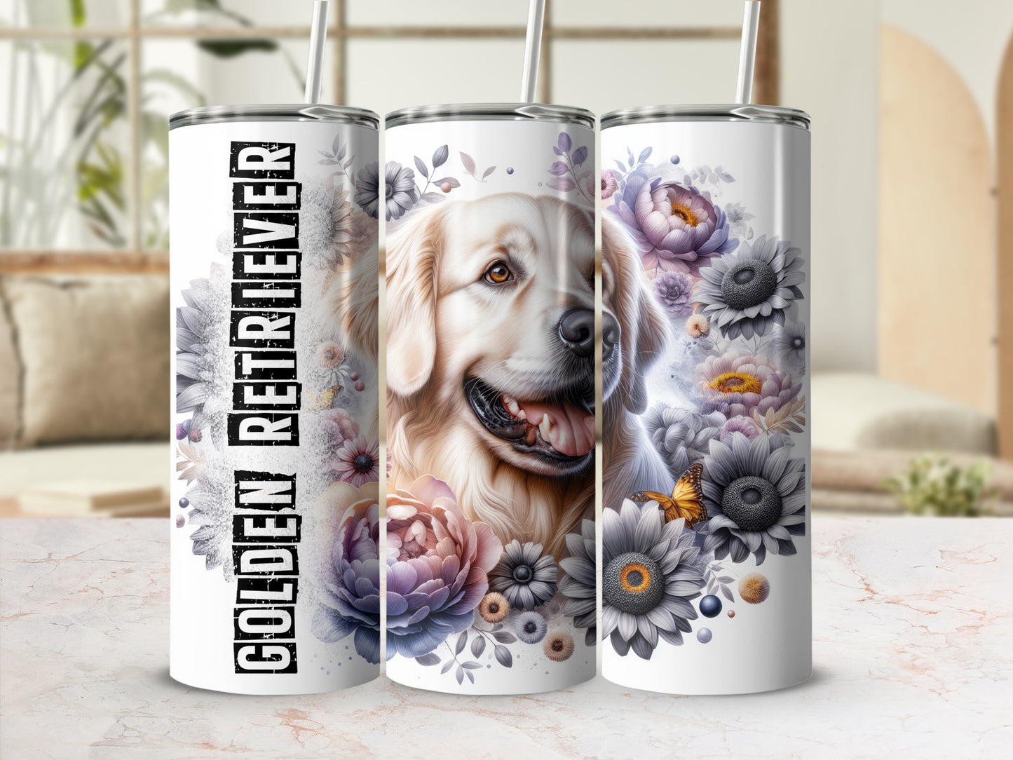 Golden Retriever and floral design on a skinny tumbler.