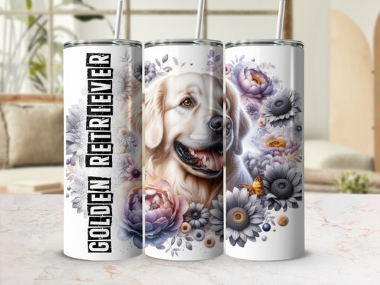 Golden Retriever and floral design on a skinny tumbler.
