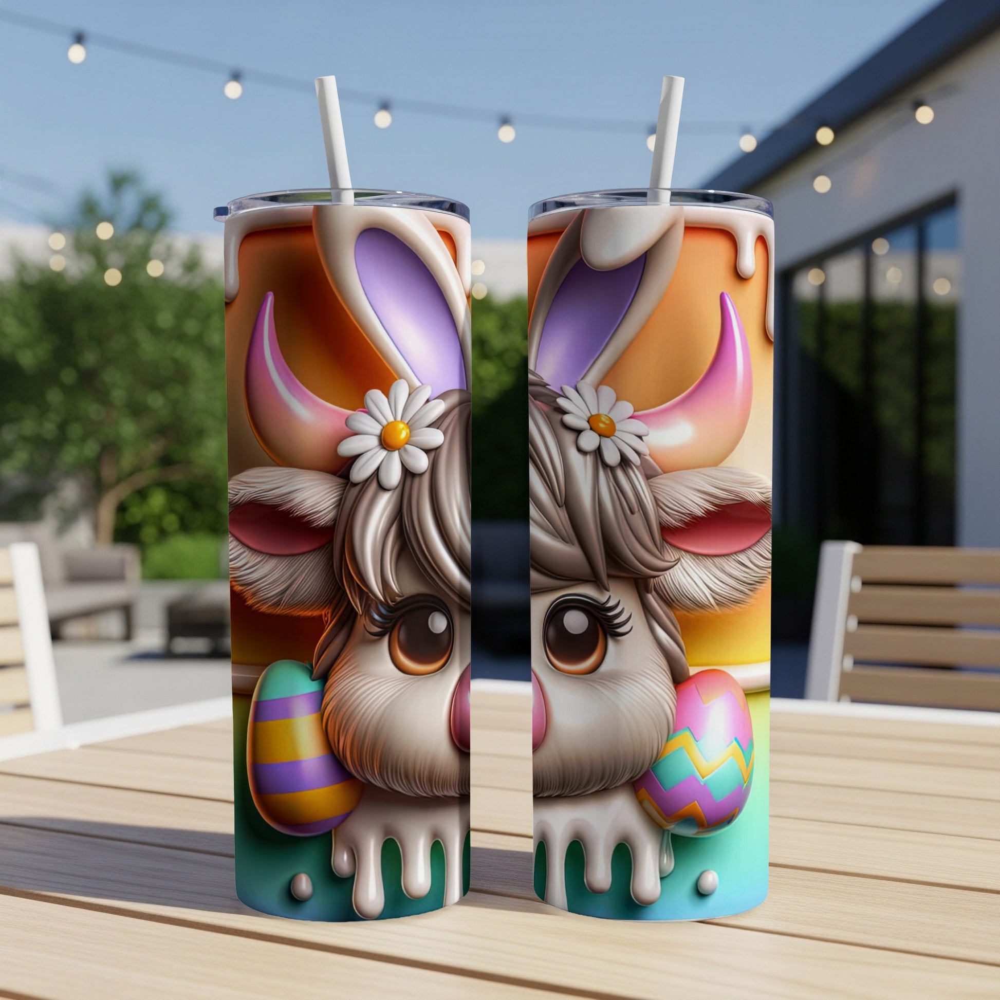 Cow wearing bunny ears with Easter eggs on a tumbler.