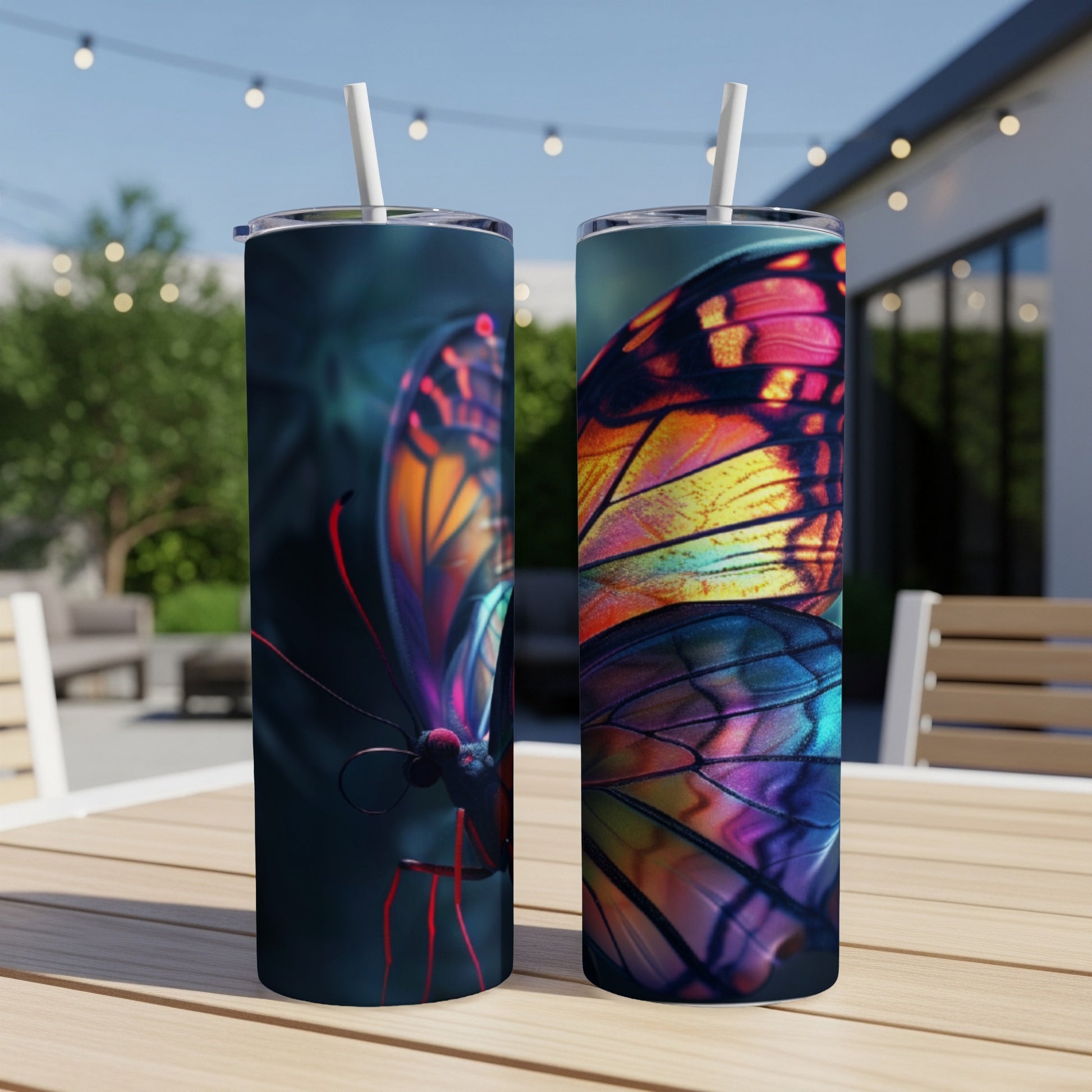 Two tumblers with colorful butterfly wing patterns displayed outdoors.