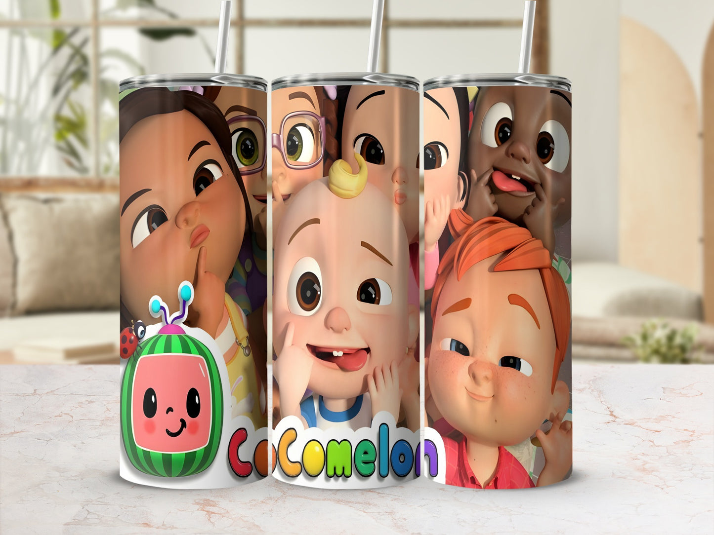 Cocomelon characters on a tumbler, featuring JJ, Cody, and others.