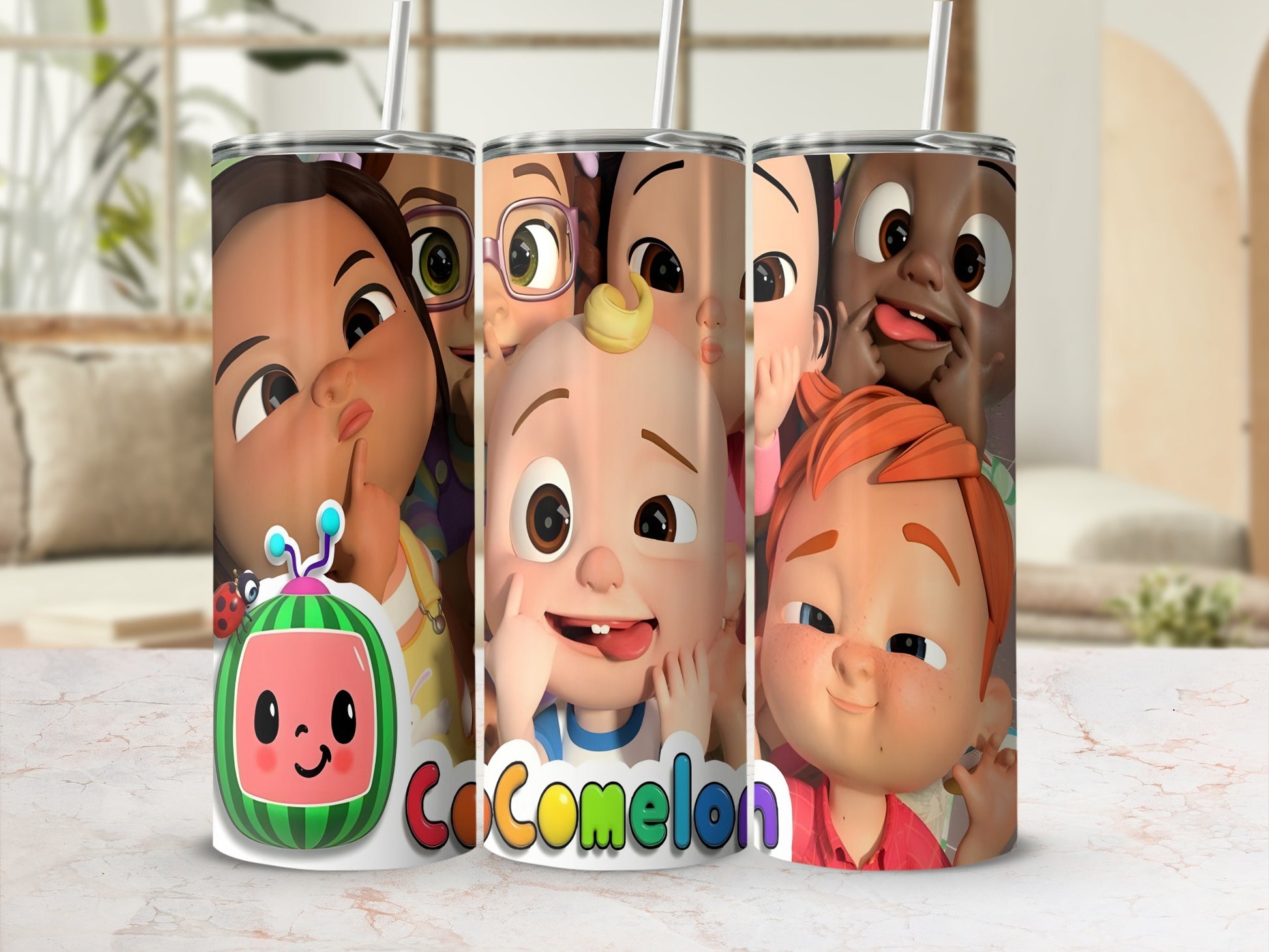 Cocomelon characters on a tumbler, featuring JJ, Cody, and others.