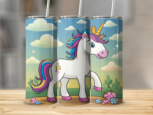 Cartoon unicorn with rainbow mane and tail, standing in a cloudy sky.
