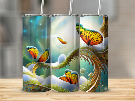 Three tumblers featuring vibrant butterflies flying over snowy branches.