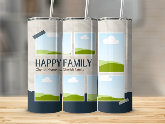 Three tumblers with "HAPPY FAMILY Cherish Moments, Cherish Family" text and photo frames.