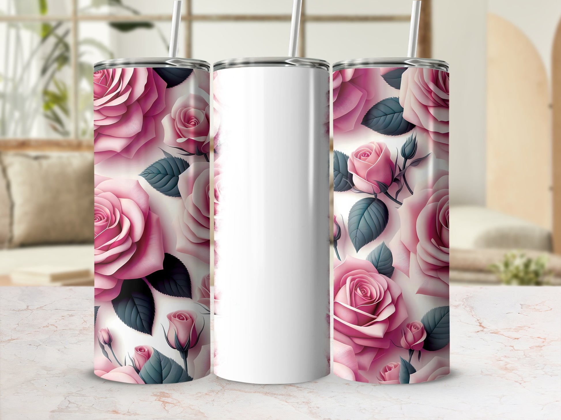 White tumbler with pink roses and green leaves design.