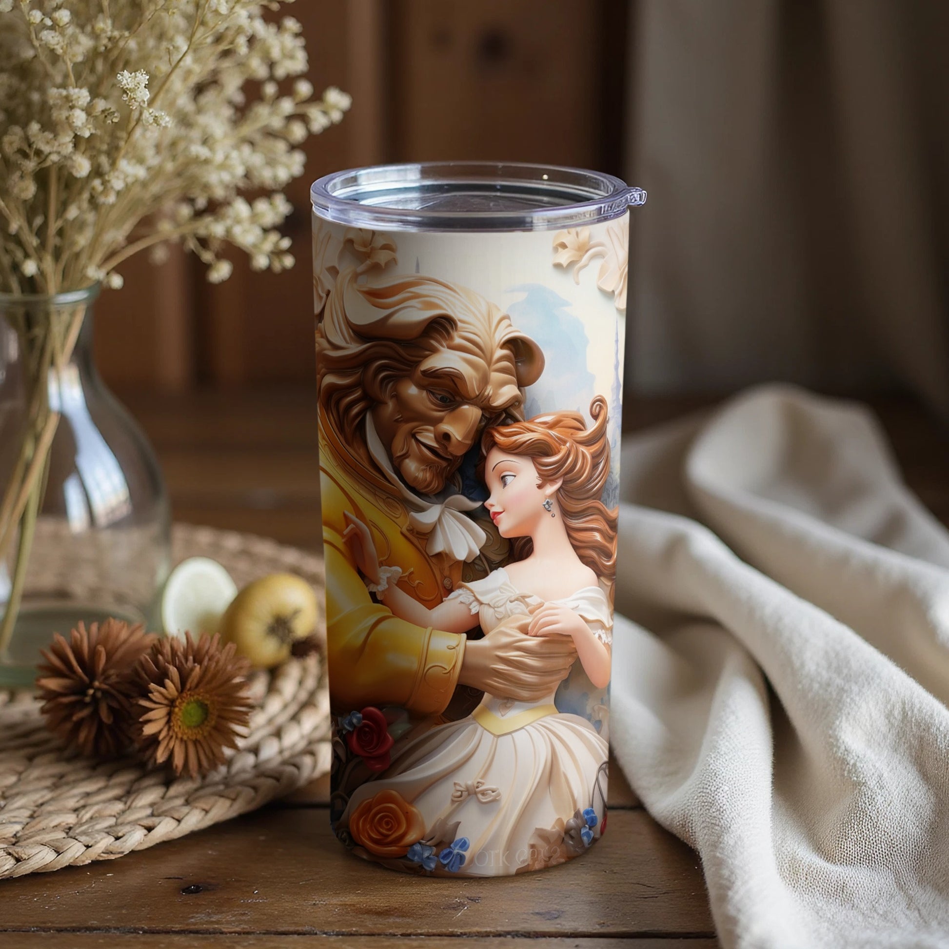 Romantic Dance Scene Tumbler with Decorative Roses