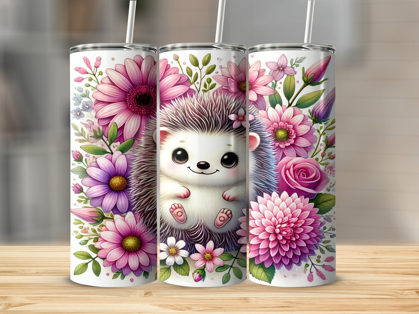 Cute Hedgehog and Floral Design Drink Tumbler