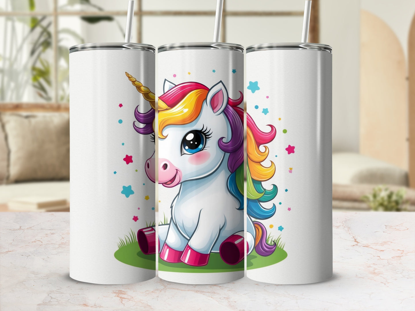 White tumbler with colorful cartoon unicorn and stars design.