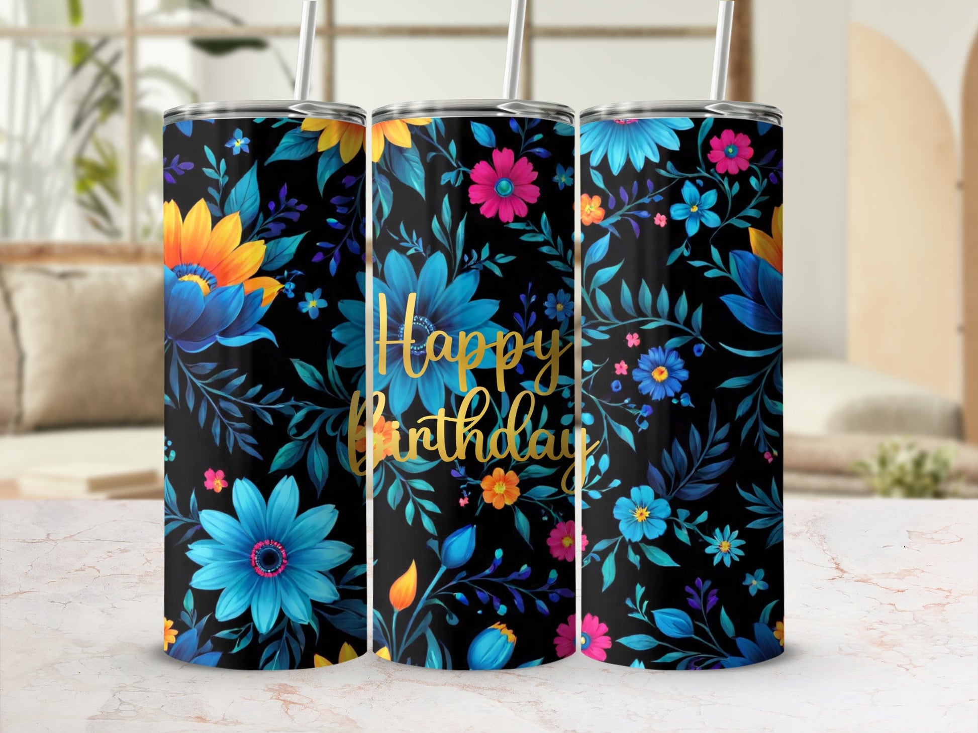 Black tumbler with colorful floral pattern and "Happy Birthday" text.