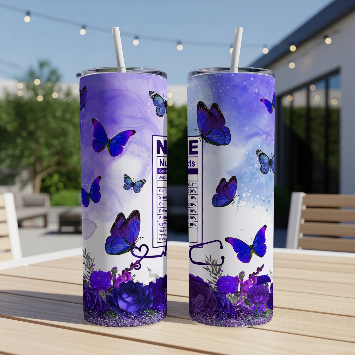 Purple butterfly and floral tumbler with nutrition facts.