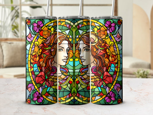 Two profile portraits of women with floral stained glass design.