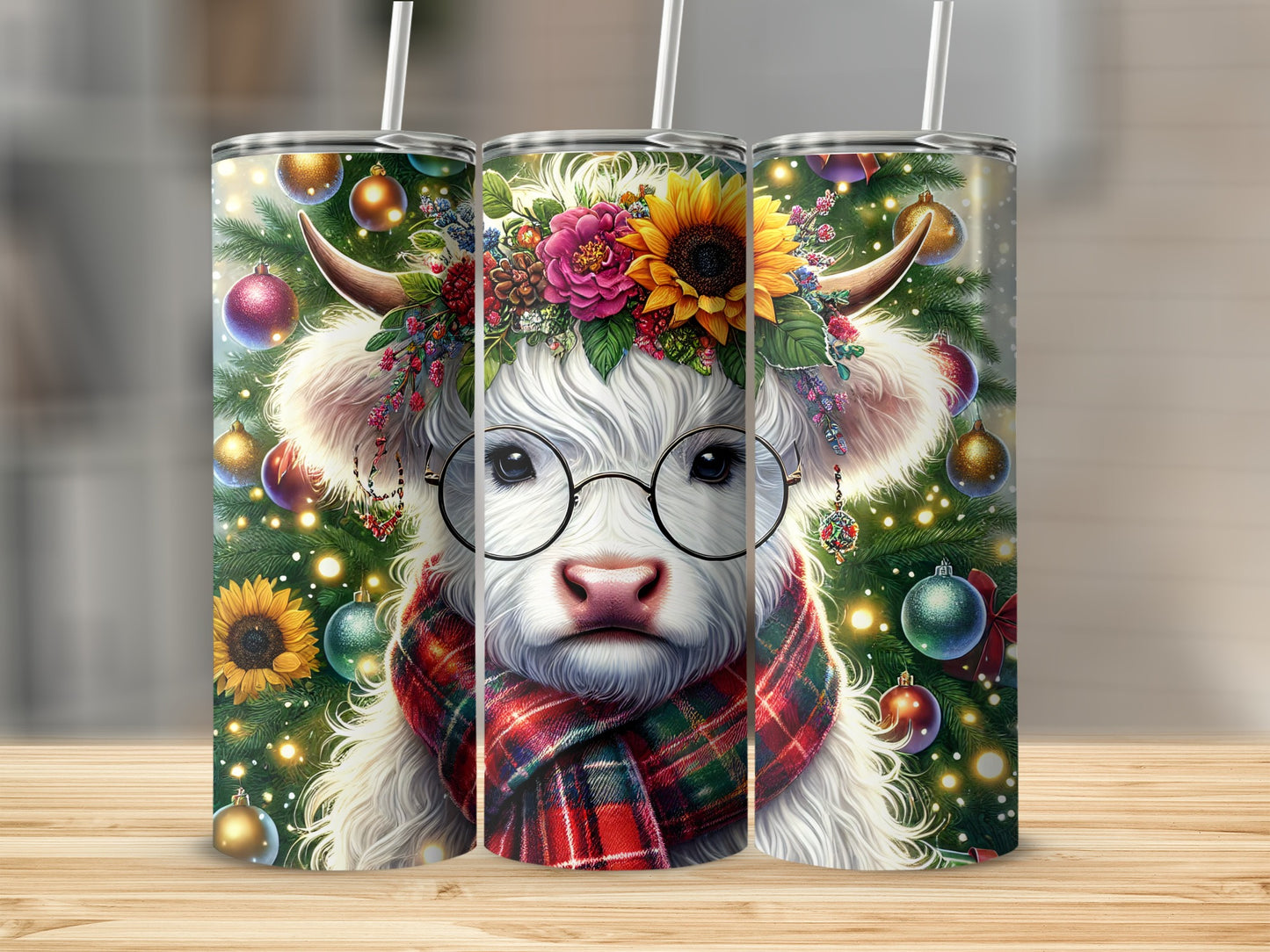 Christmas cow wearing glasses and scarf, with festive decorations.