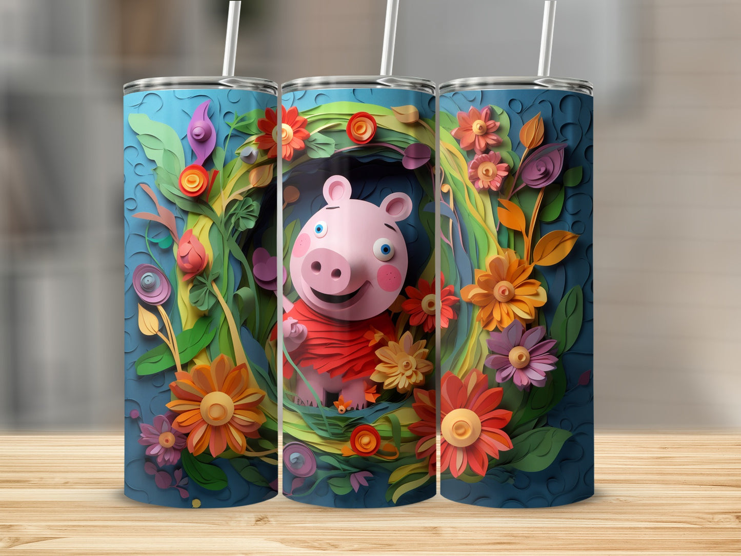 Colorful Floral Piglet Tumbler Cup with Straw 20oz