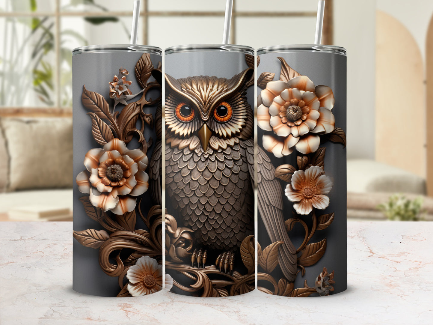 Owl with ornate floral details on a grey tumbler.