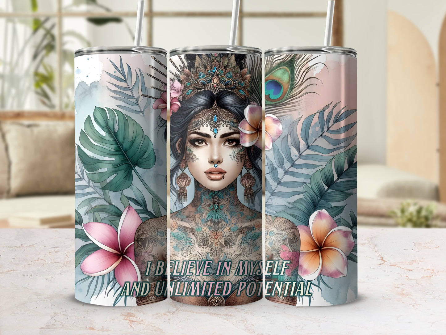 Tumbler with woman adorned in crown and tattoos, surrounded by floral and feather designs.