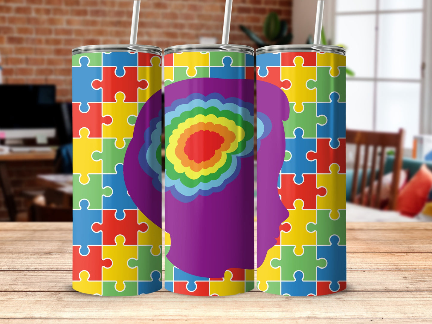 Autism Awareness Rainbow Puzzle Head Tumbler