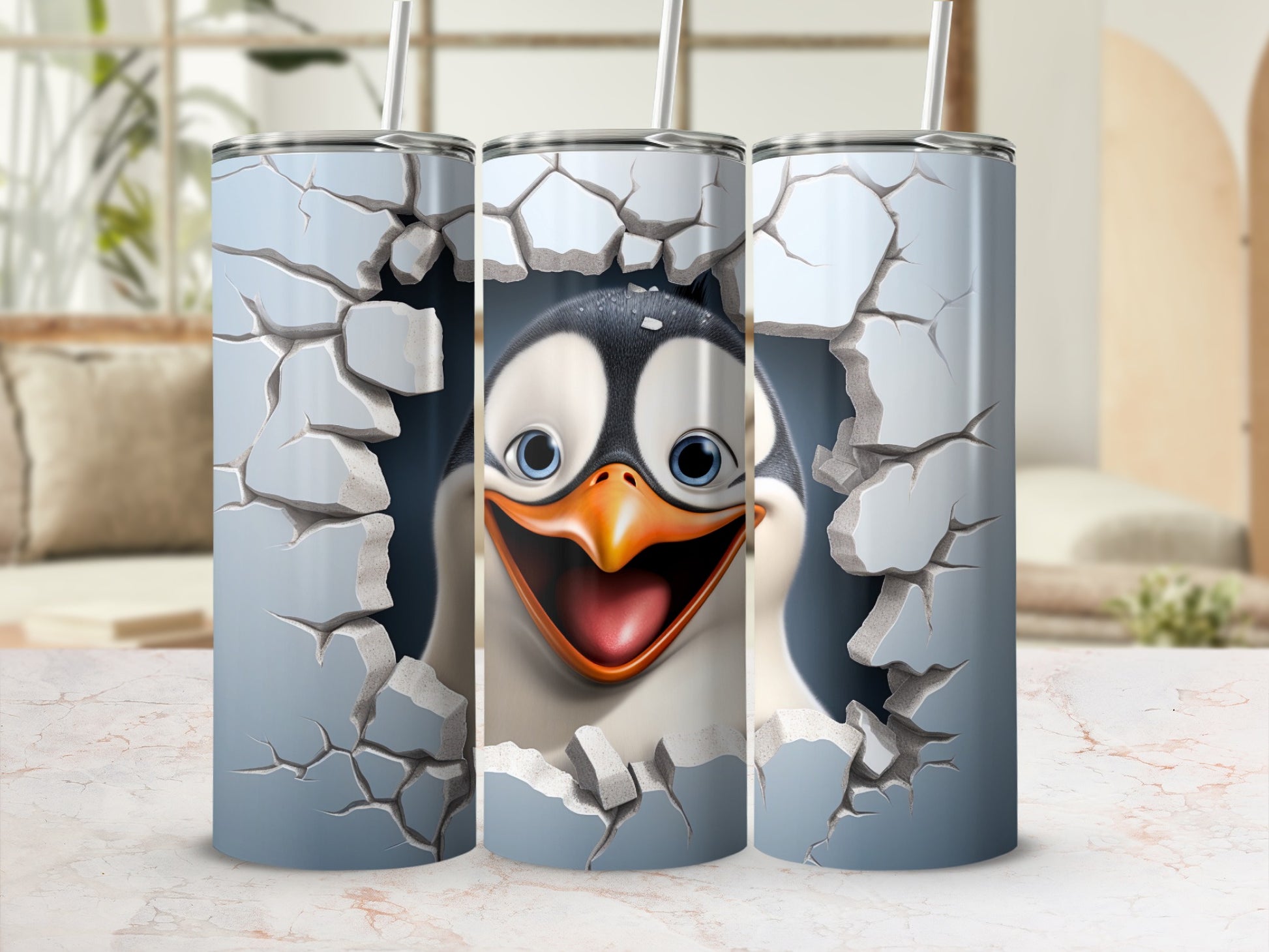 Cracked Wall Happy Penguin Design Tumbler Cup