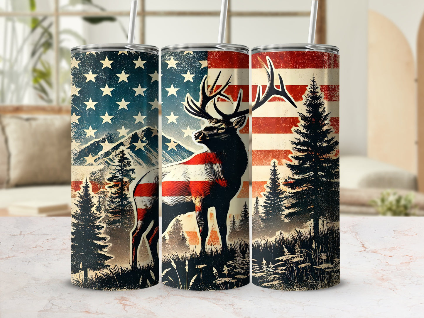 Deer with American flag motif on a tumbler with mountains and trees.