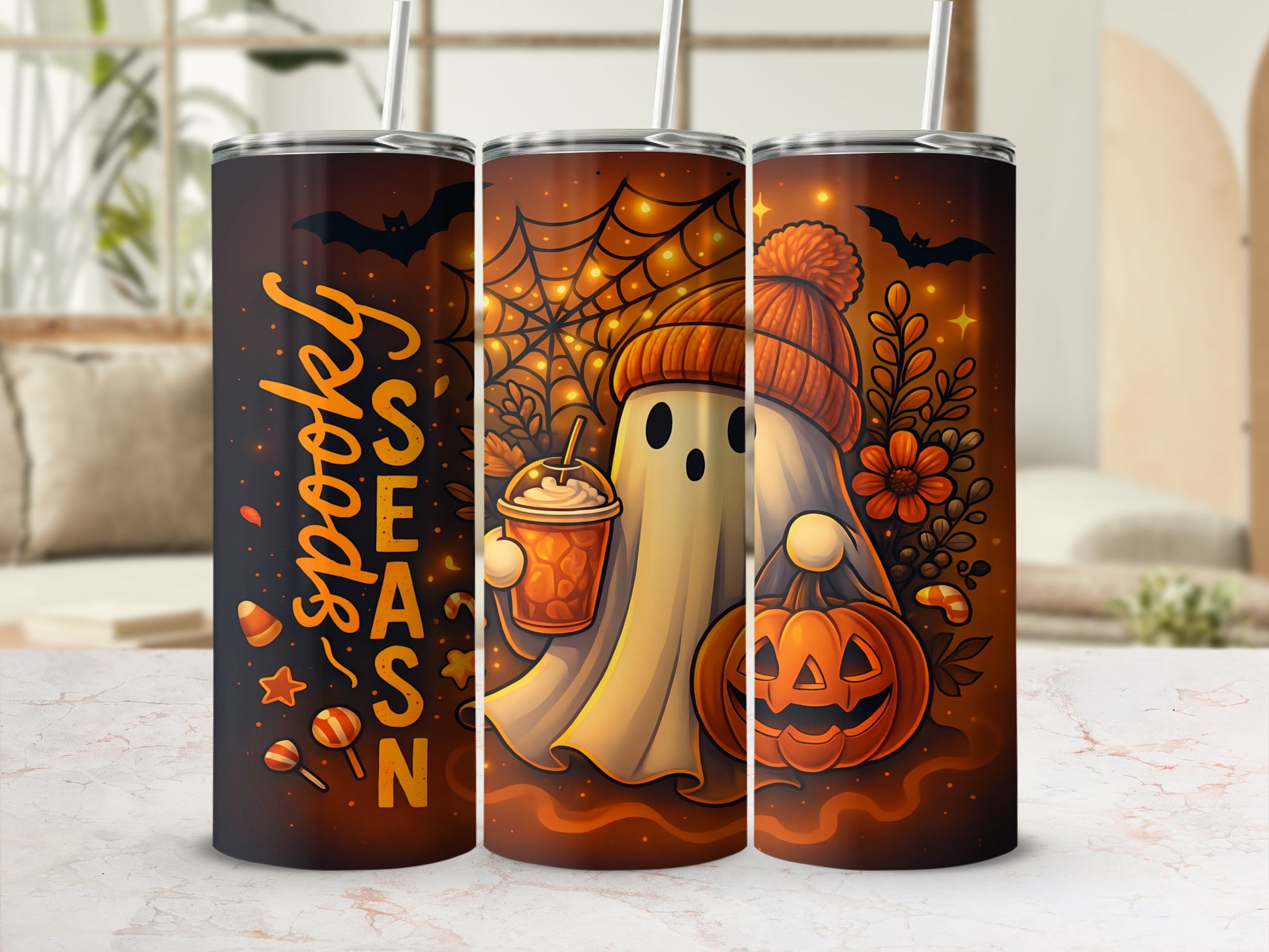 Spooky Season tumbler with ghost, pumpkin, and autumn elements.
