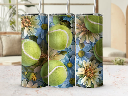 Tennis balls and daisies on a floral pattern tumbler.