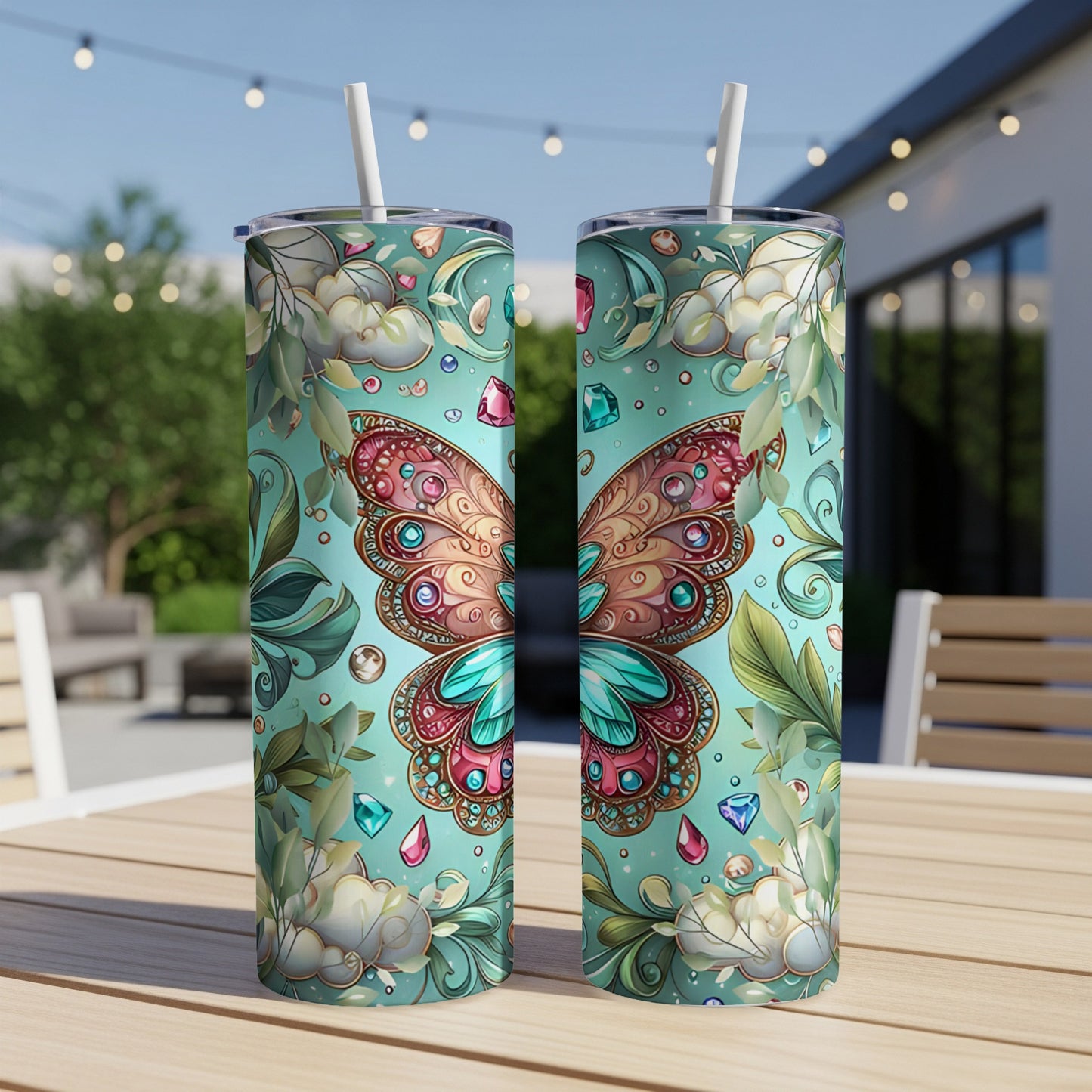 Two tall tumblers with butterfly wings and gemstone design.