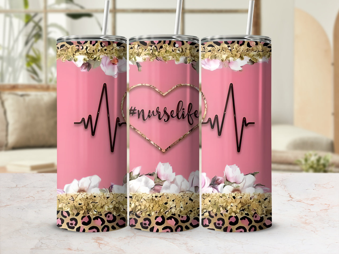Pink tumbler with floral, leopard print, and #nurselife text.