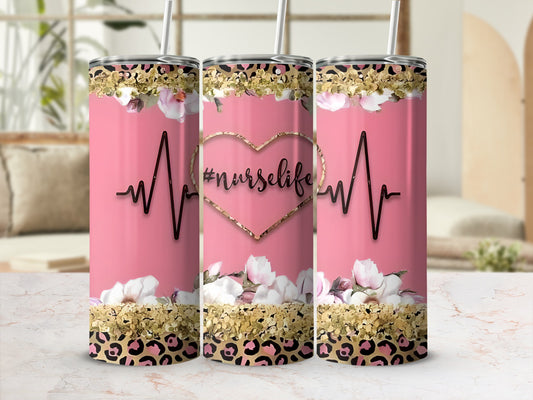 Pink tumbler with floral, leopard print, and #nurselife text.