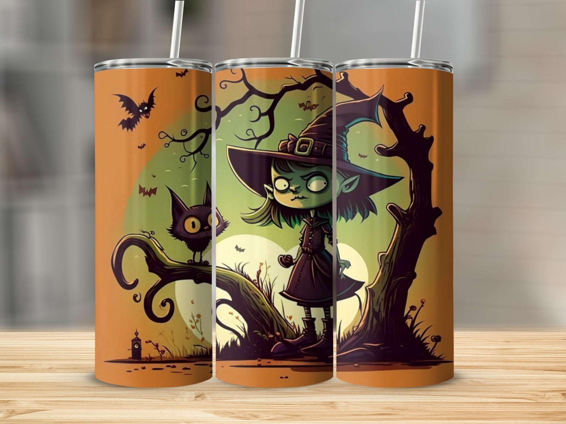 Three tumblers with a cartoon witch, black cat, and bats on a Halloween background.