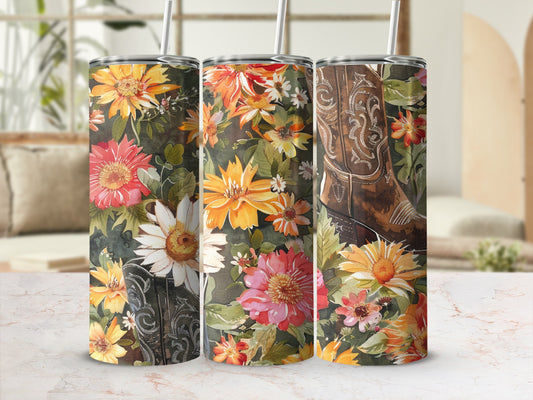 Cowboy boot and floral patterned tumbler with straw.