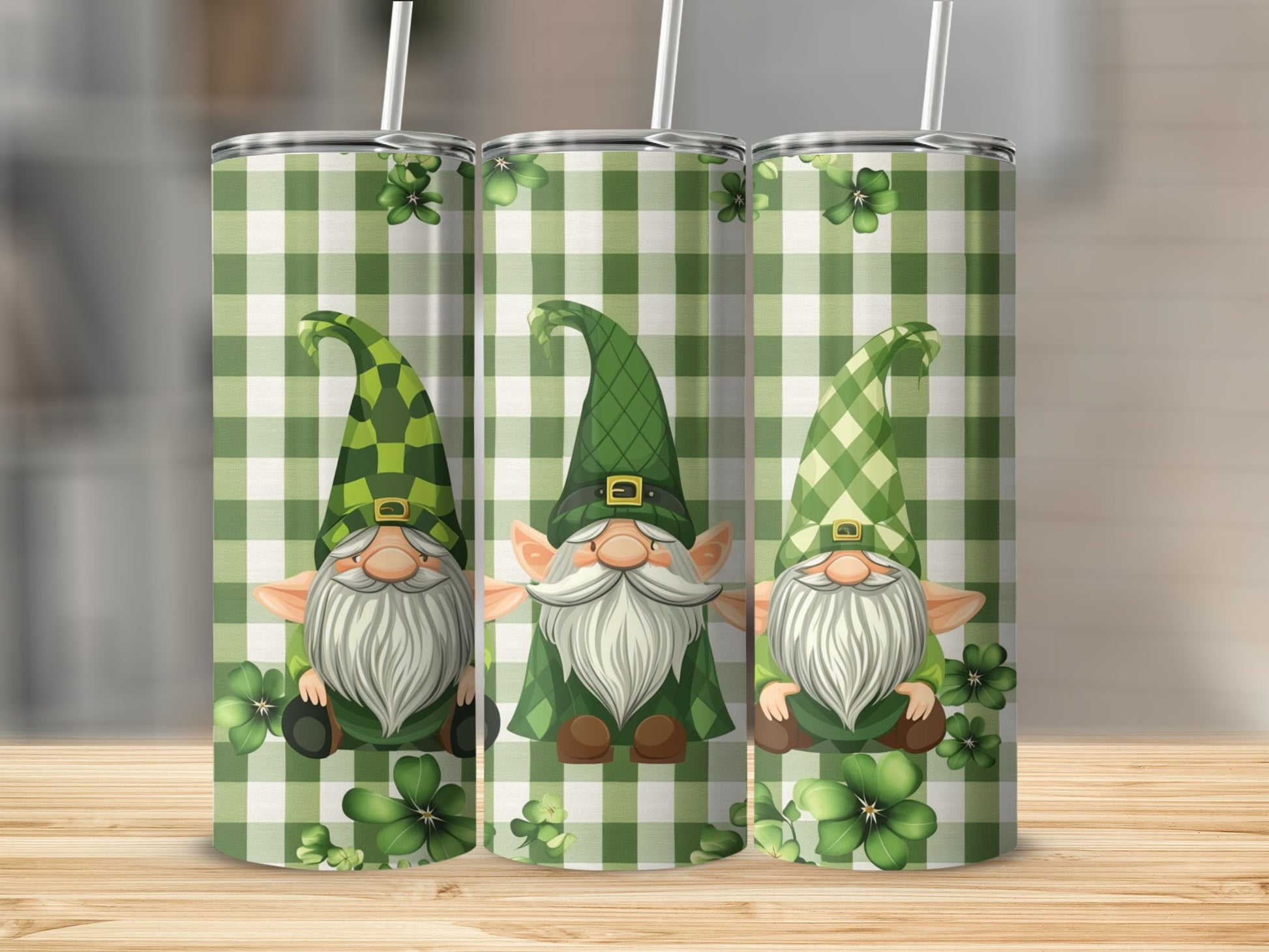 Three green gnomes on a gingham background with shamrocks.