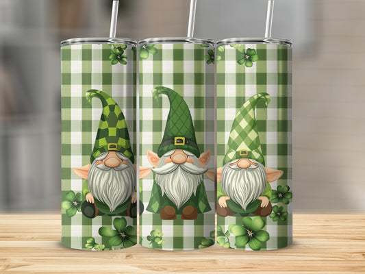 Three green gnomes on a gingham background with shamrocks.