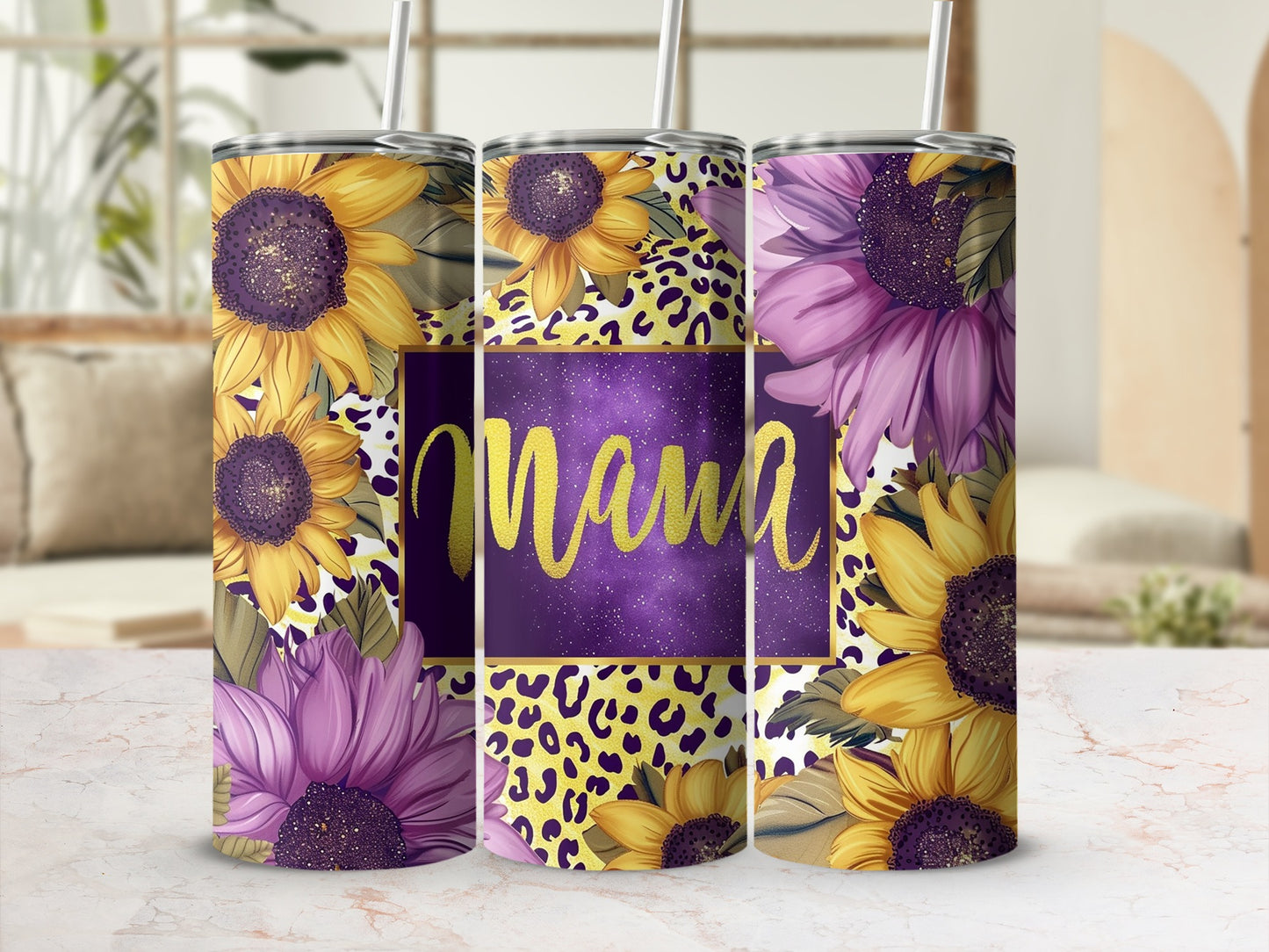 Sunflower and Leopard Print Mama Tumbler Cup