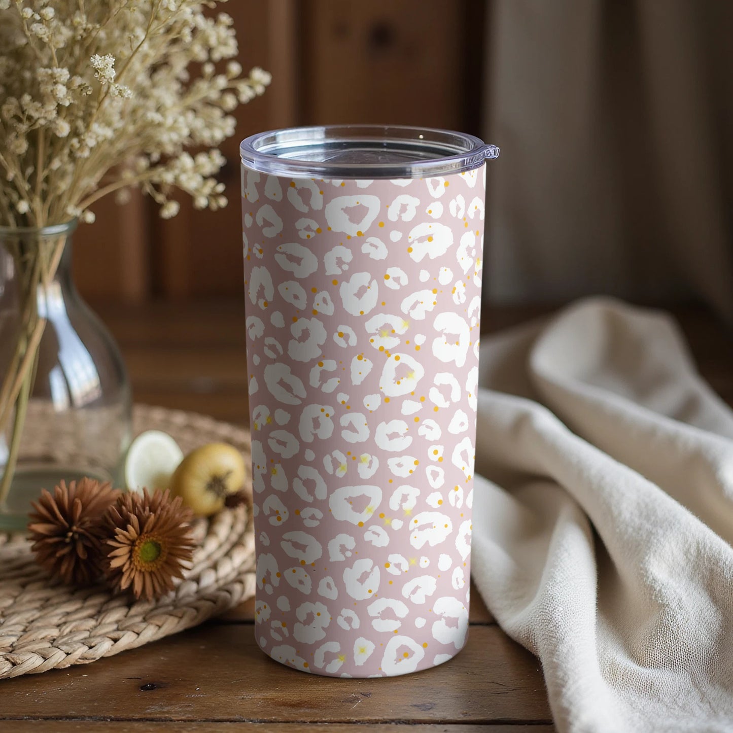 Pink and White Leopard Print Insulated Tumbler Cup