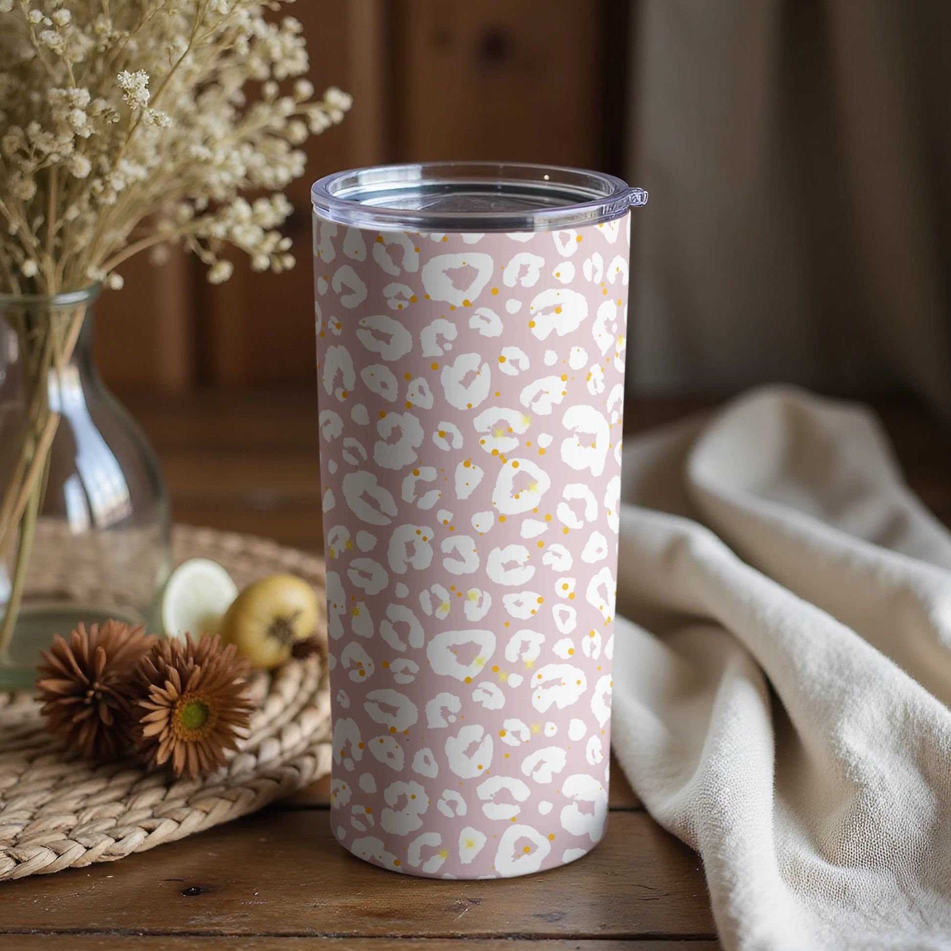 Pink and White Leopard Print Insulated Tumbler Cup