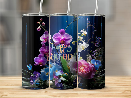Three tumblers featuring floral designs and "Happy Birthday" text.