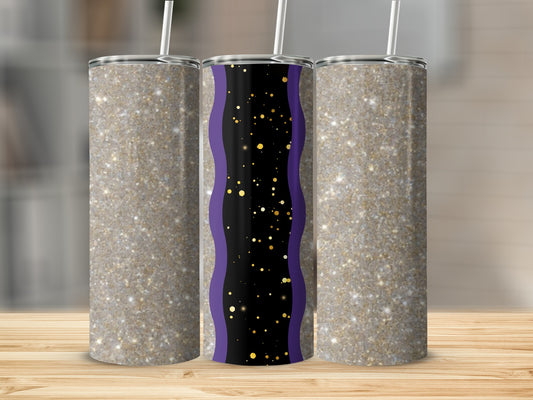 Three glittery tumblers with a purple and gold wavy design on the middle one.